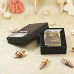 Gold Zippo lighter in a black open box, labeled Armor Case, set on a sandy surface with seashells around it