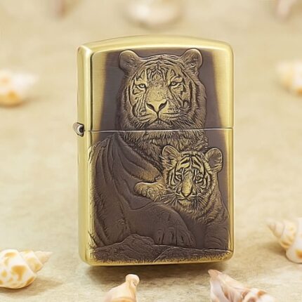 Adult tiger and cub portrait engraved on brushed brass Zippo Armor lighter