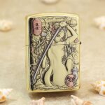KZ189 Zippo Armor lighter with katana woman, lanterns, flowers, and colored accents