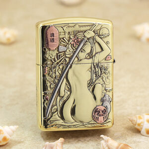 KZ189-01 Gold Zippo lighter with an engraved Japanese geisha, sword motif, and floral background accents in a polished finish.