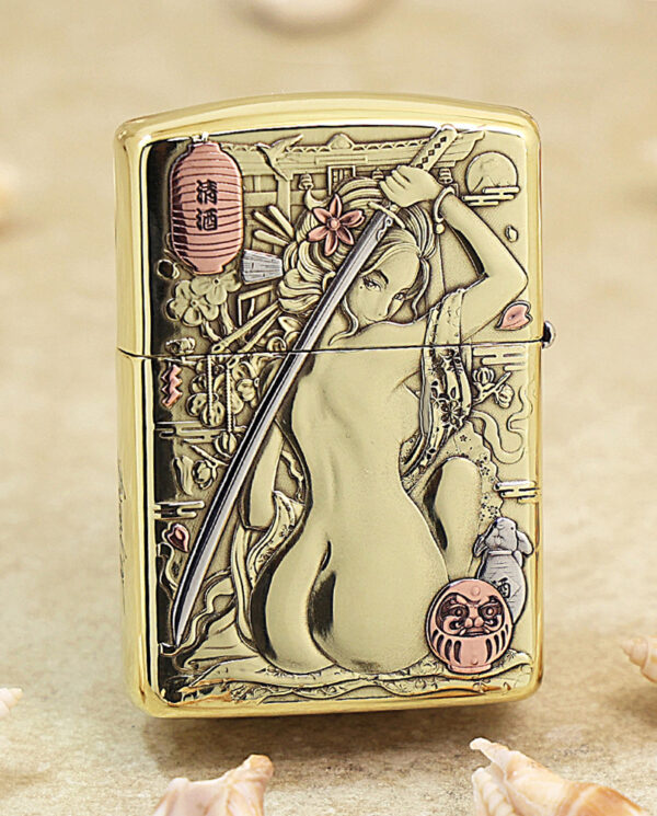 KZ189-01 Gold Zippo lighter with an engraved Japanese geisha, sword motif, and floral background accents in a polished finish.