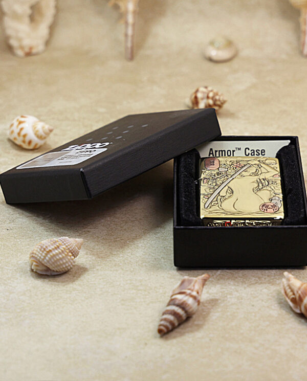 KZ189-06 Open black box displaying a gold Armor Case card inside, set on a sandy beach surface with shells.