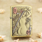 Gold Zippo-style lighter with engraved artwork of a woman holding a sword, surrounded by flowers and lanterns. Note: concise informative description, focuses on the image's meaning as a decorative lighter.