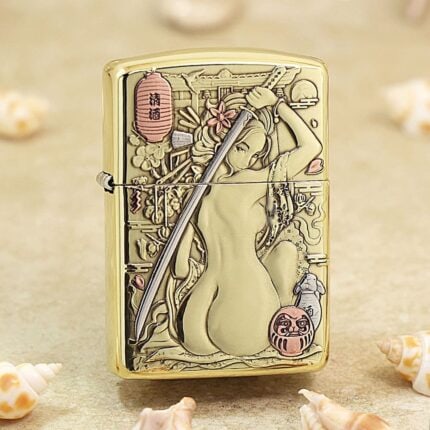 Stylized nude katana woman in Japanese art engraved on polished brass Zippo Armor lighter
