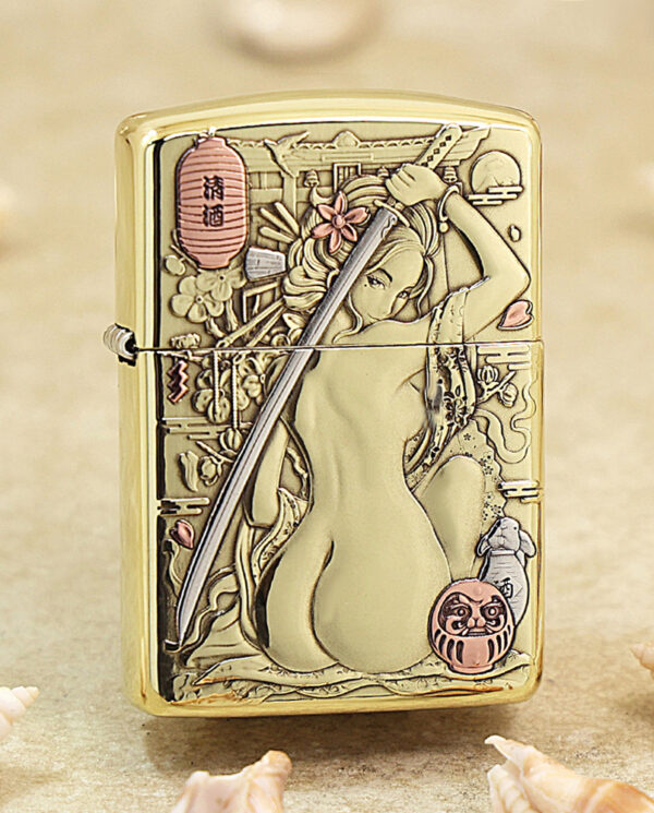 KZ189 Gold Zippo-style lighter with engraved artwork of a woman holding a sword, surrounded by flowers and lanterns. Note: concise informative description, focuses on the image's meaning as a decorative lighter.