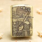Rear-facing samurai and battlefield scene engraved on KZ190 Zippo Armor lighter