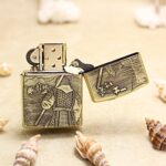 Open KZ190 Zippo Armor lighter showing rear samurai scene and Japanese characters