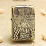 Japanese samurai warrior engraved on antique brass Zippo Armor lighter, front view