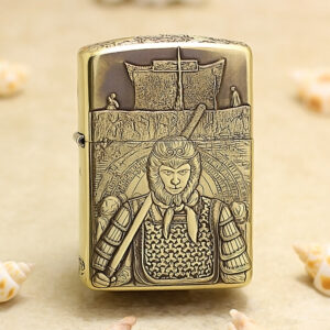 Brass Zippo lighter with an etched samurai in full armor and a sword across his chest.