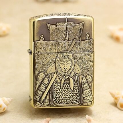 Japanese samurai warrior engraved on antique brass Zippo Armor lighter, front view