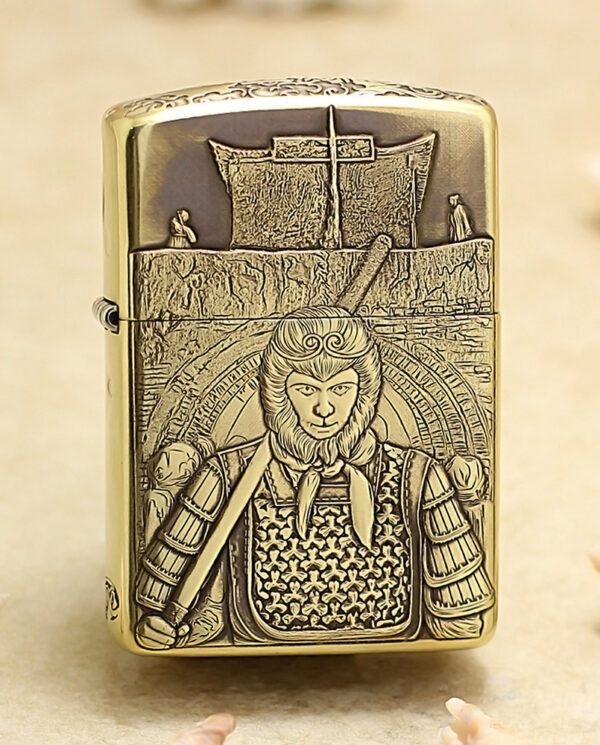 KZ190 Brass Zippo lighter with an etched samurai in full armor and a sword across his chest.