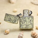 Open 1935 Varga Girl brass Zippo Armor lighter front view