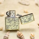 Open 1935 Varga Girl Zippo Armor lighter showing reverse lettering