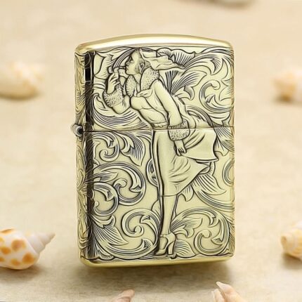 1935 Varga Girl high-polish brass Zippo Armor lighter with arabesque engraving