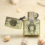 Open Buddha Relief hammered brass Zippo Armor lighter front view