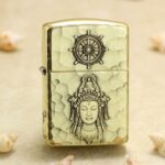Buddha Relief hammered brass Zippo Armor lighter with ship-wheel emblem