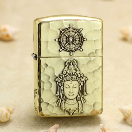 Buddha Relief hammered brass Zippo Armor lighter with ship-wheel emblem