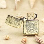 Open Dragon Koi Lotus brass Zippo Armor lighter front view
