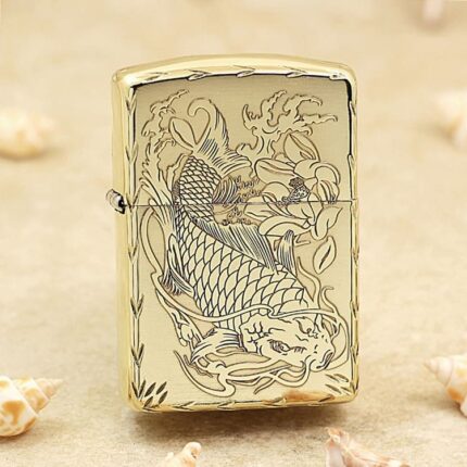 Dragon Koi Lotus high-polish brass Zippo Armor lighter front dragon