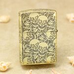 Skull and Roses brass Zippo Armor lighter engraving close-up