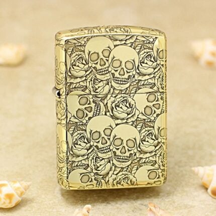 Skull and Roses high-polish brass Zippo Armor lighter front view