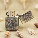 Open landscape Zippo Armor lighter with trees birds and mountain engraving