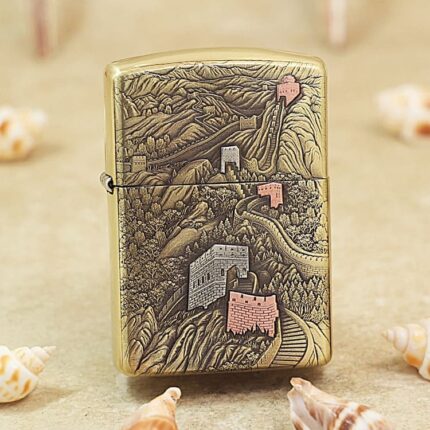 Great Wall brass Zippo Armor lighter with mountain landscape engraving