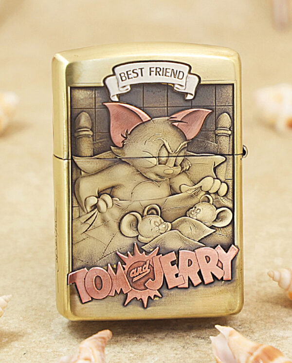 Tom and Jerry-themed lighter with a sleeping Tom and Jerry scene and a 'Best Friend' banner at top, 'Tom and Jerry' logo at bottom.