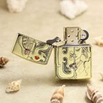 Open dragon and woman brass Zippo Armor lighter with engraved artwork