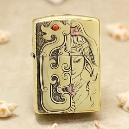 Dragon and woman brass Zippo Armor lighter with split engraved design
