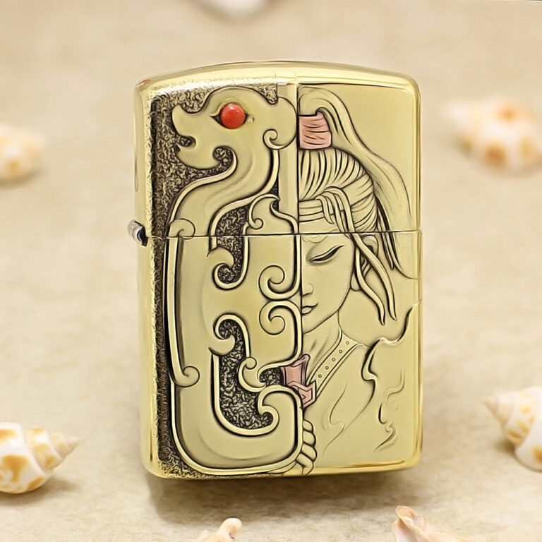 Gold-tone lighter featuring a split design: an ornate dragon on the left and a calm, stylized woman's profile on the right.