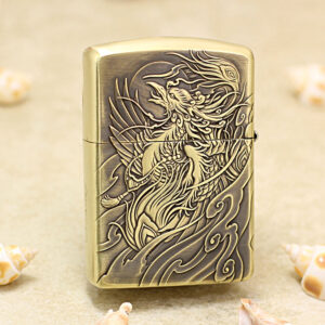Brass Zippo-style lighter with an ornate, engraved dragon and swirling wave patterns on the front surface.