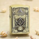 Freemasonry brass Zippo Armor lighter with eye and square-compass symbols