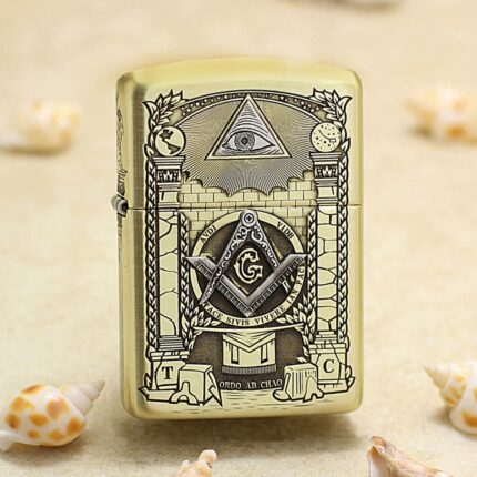 Freemasonry brass Zippo Armor lighter with eye and square-compass symbols