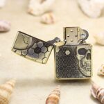 Open Dangerous Skull brass Zippo Armor lighter with honeycomb engraving