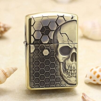 Dangerous Skull brass Zippo Armor lighter with black honeycomb engraving