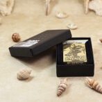 Gold Avengers Armor Case in an open black box on a sandy beach with seashells around it.
