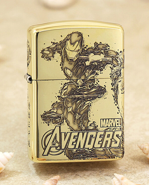 KZ241 Gold-toned Zippo-style lighter featuring Marvel's Avengers and Iron Man artwork on the front.