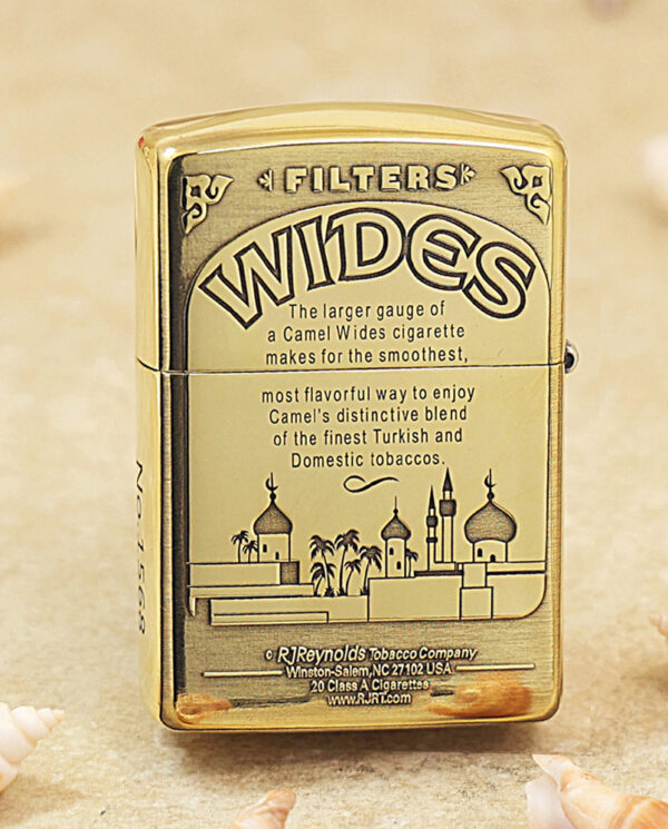 KZ242-01 Gold Zippo-style lighter with 'WIDES' branding and a skyline illustration on the front, resembling a mosque and palm trees.