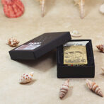 Gold Zippo lighter in an open black presentation box on a sandy surface with seashells nearby.