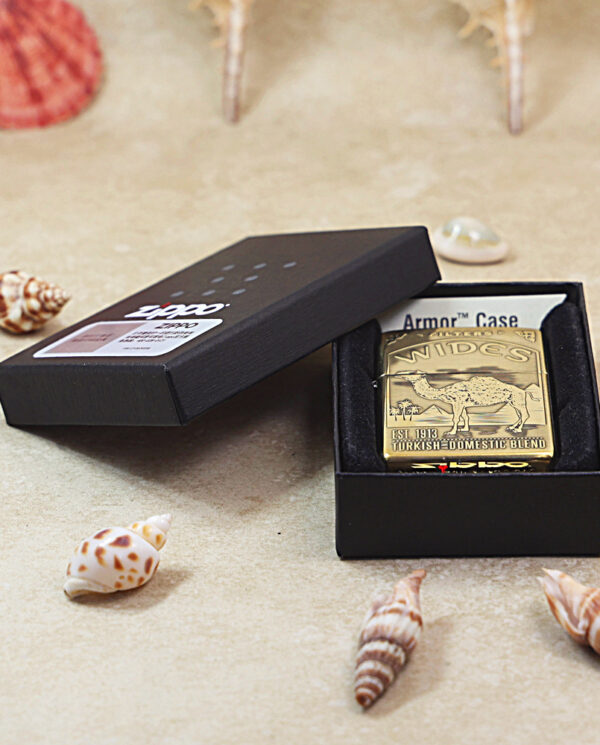KZ242-06 Gold Zippo lighter in an open black presentation box on a sandy surface with seashells nearby.