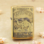 Gold Zippo lighter with camel engraving and desert scene, reading 'WIDES' and 'Turkish and Domestic Blend'.
