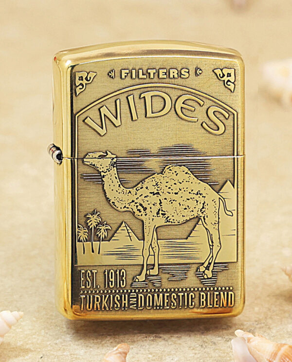 KZ242 Gold Zippo lighter with camel engraving and desert scene, reading 'WIDES' and 'Turkish and Domestic Blend'.