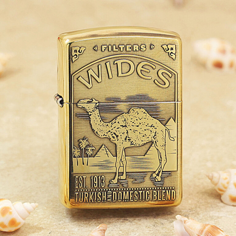 Gold Zippo lighter with camel engraving and desert scene, reading 'WIDES' and 'Turkish and Domestic Blend'.