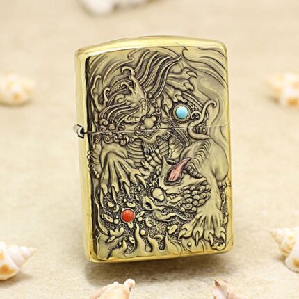 Dragon brass Zippo Armor lighter with turquoise eye and ruby accent