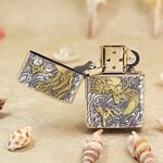 Open silver-tone Gold Dragon Zippo Armor lighter front view
