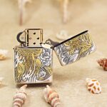 Open Gold Dragon Zippo Armor lighter showing reverse arabesque engraving