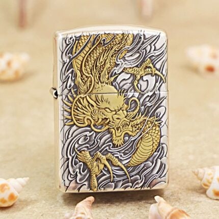Gold Dragon silver-tone Zippo Armor lighter with arabesque engraving