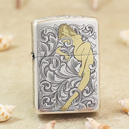 Golden Woman silver-tone Zippo Armor lighter with arabesque engraving