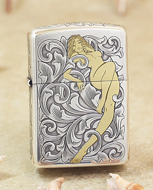 KZ286 Lighter with ornate black-and-white scrollwork and a stylized nude woman illustration in gold tones.